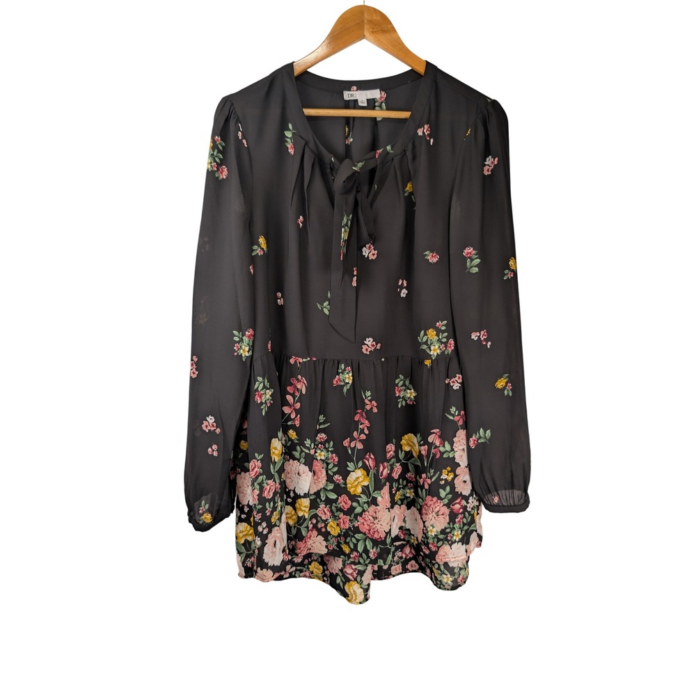 DR2 by Daniel Rainn Black Floral Tie Neck Long Sleeve Babydoll Blouse Large